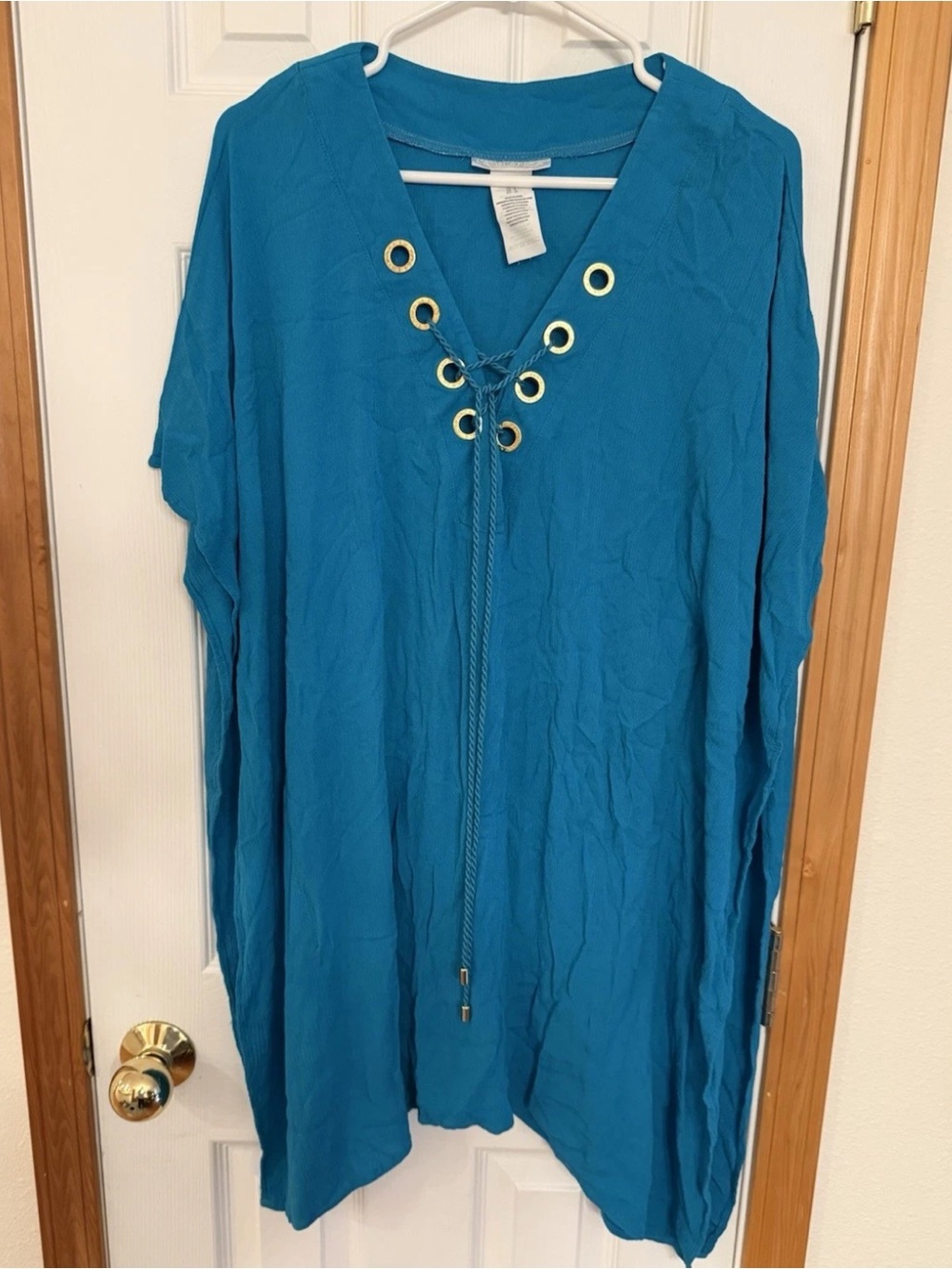 LA BLANCA Turquoise Cotton Gauze Swim Coverup LARGE Beach Silver Grommets